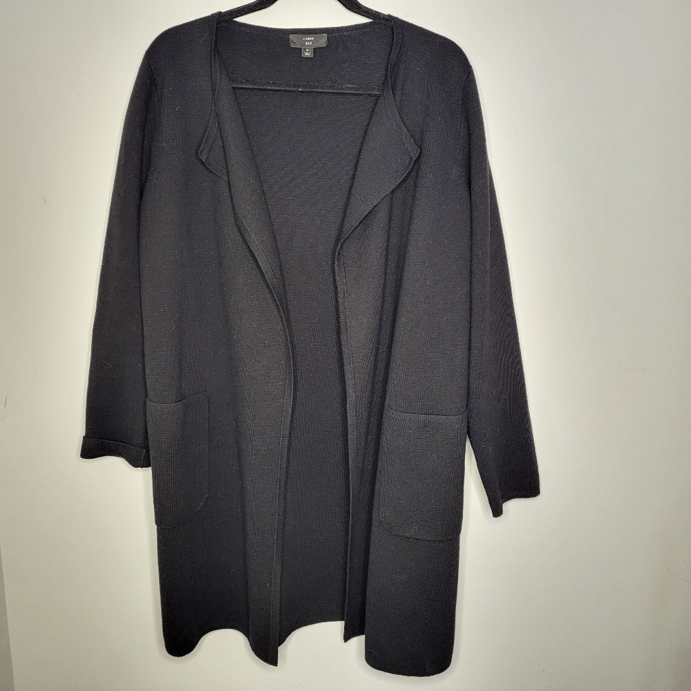 J. Crew Open Front Cardigan Sweater Jacket Womens M Black Knit Merino Wool Blend